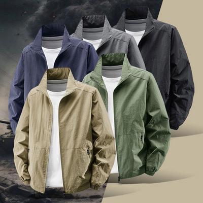 Men Jacket Stand Collar Long Sleeve Zipper Placket Spring Autumn Coat with Pockets Solid