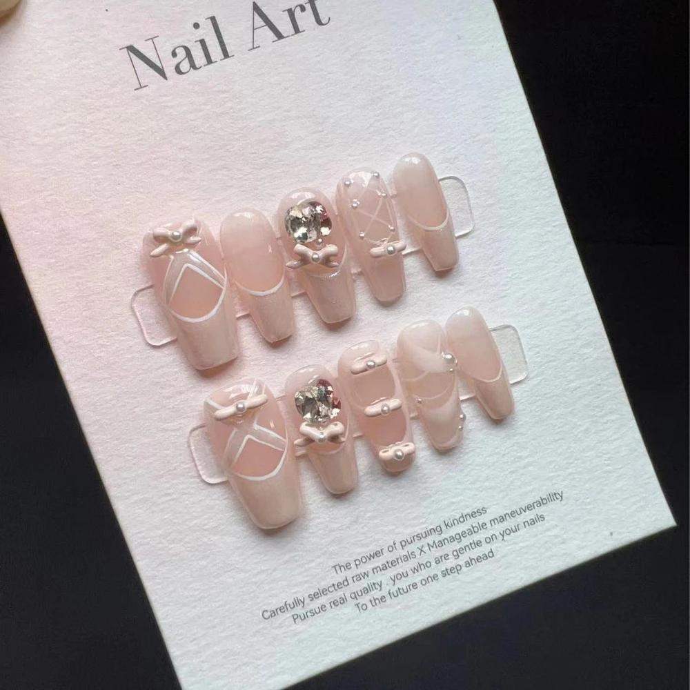 10Pcs Handmade French Gradient Cat Eye Press On Nails With 3D Butterfly Diamond Flowers Long Coffin Almond Shape