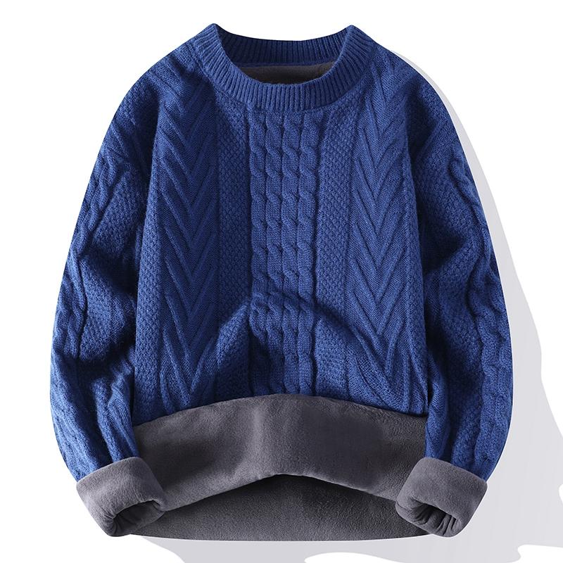 Men's Clothing Autumn Winter Flocking Solid Color Pullover Lantern Long Sleeve O-Neck Sweater Knitted England Style Stylish Tops
