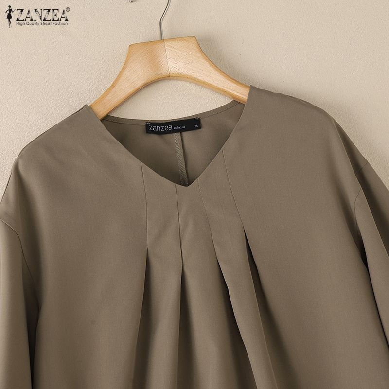 ZANZEA Lässige Bluse mit V-Ausschnitt und langen Ärmeln für Damen in Volltonfarbe