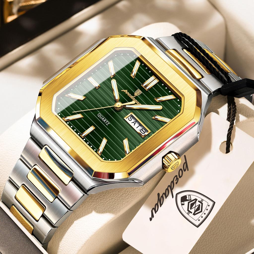 POEDAGAR Original Square Man Watch Waterproof Luminous Date Week Fashion Men Clock Stainless Steel Business Men's Quartz Watches