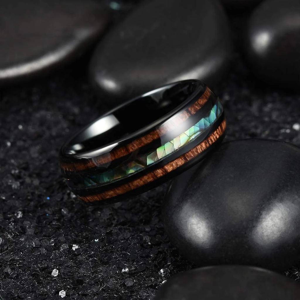 Fashion 8mm Men Black Stainless Steel Rings Hawaiian Koa Wood Inlay Abalone Shell Rings For Men Women Wedding Band  Gifts