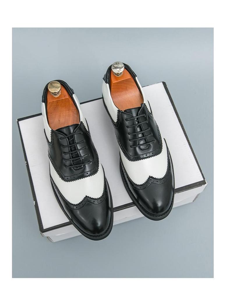 Men's Formal Black & White Brogue Leather Derby Shoes - Spring/Autumn Large Size Wedding Footwear
