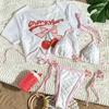 Women's 3 Piece Swimsuit Set with Short Sleeve Cover Up  Printed Tunic Bikini with Shorts, Summer Beach Vacation Outfit