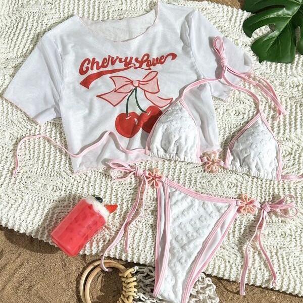 Women's 3 Piece Swimsuit Set with Short Sleeve Cover Up  Printed Tunic Bikini with Shorts, Summer Beach Vacation Outfit