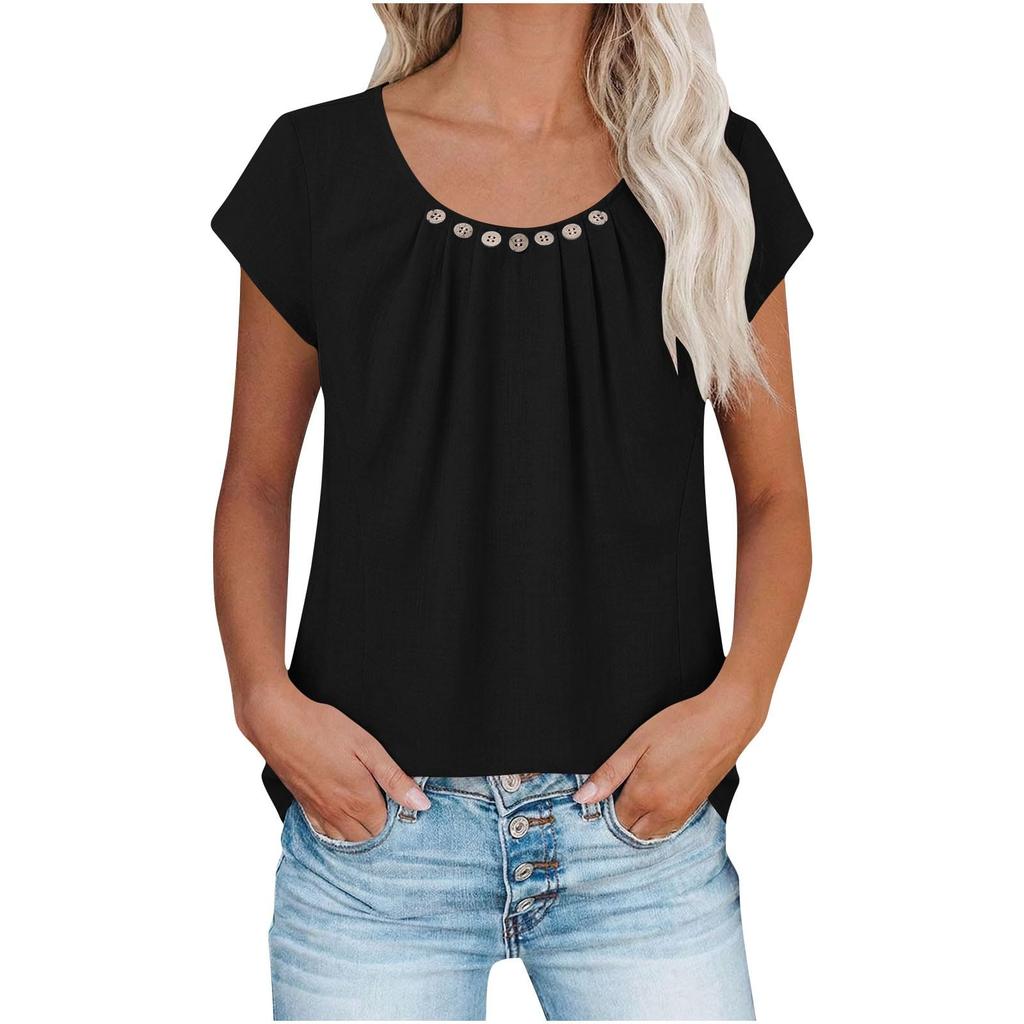 Women's Casual Pleated Button-Up Short-Sleeve T-Shirt Top