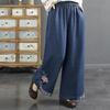 Tide Women's Spring Elastic Waist Cotton Linen Straight Leg Pants with Retro Embroidery