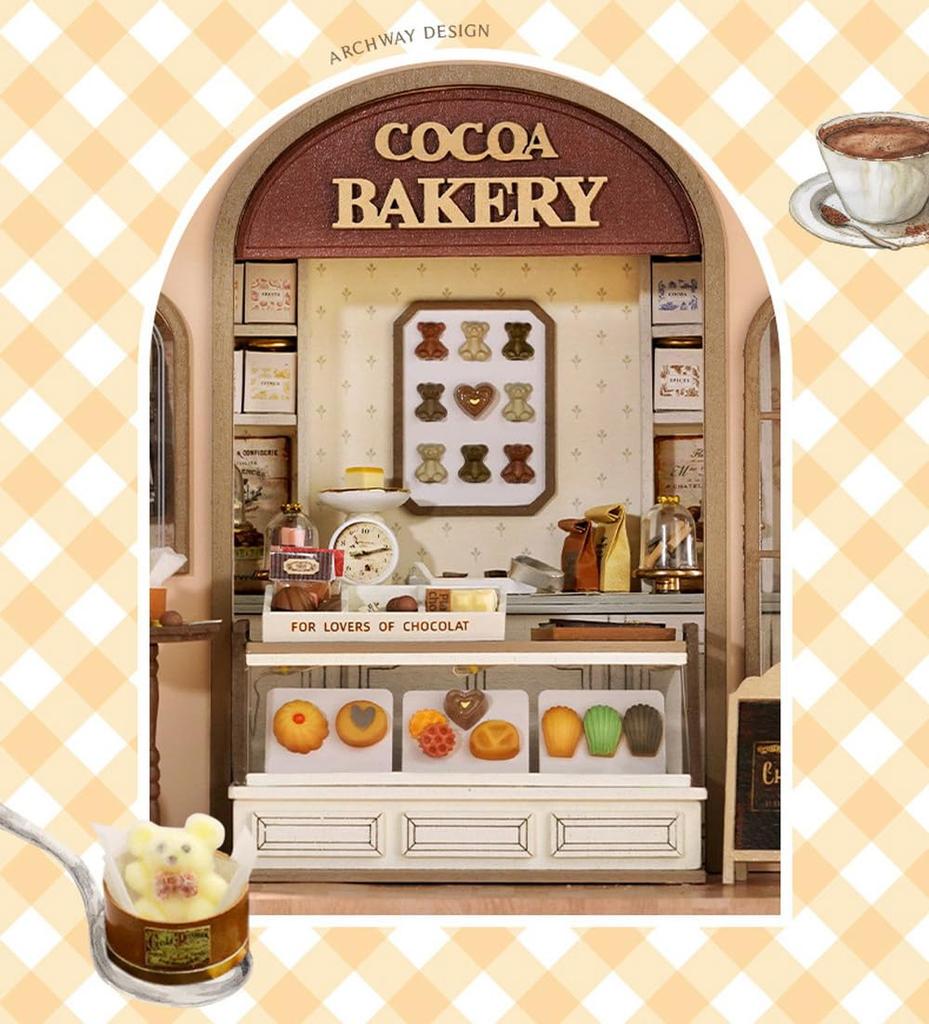 Moin Moin Dollhouse Miniature Handmade Kit Scale Cocoa Retro Teddy Bear Shop LED Light Acrylic Case Canon Music Box Set, 1/24 [English Instructions],
