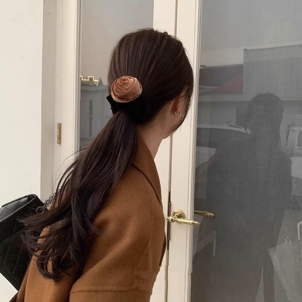 Velvet Floral Elastic Hair Tie Bun Ring - Korean Style for Women
