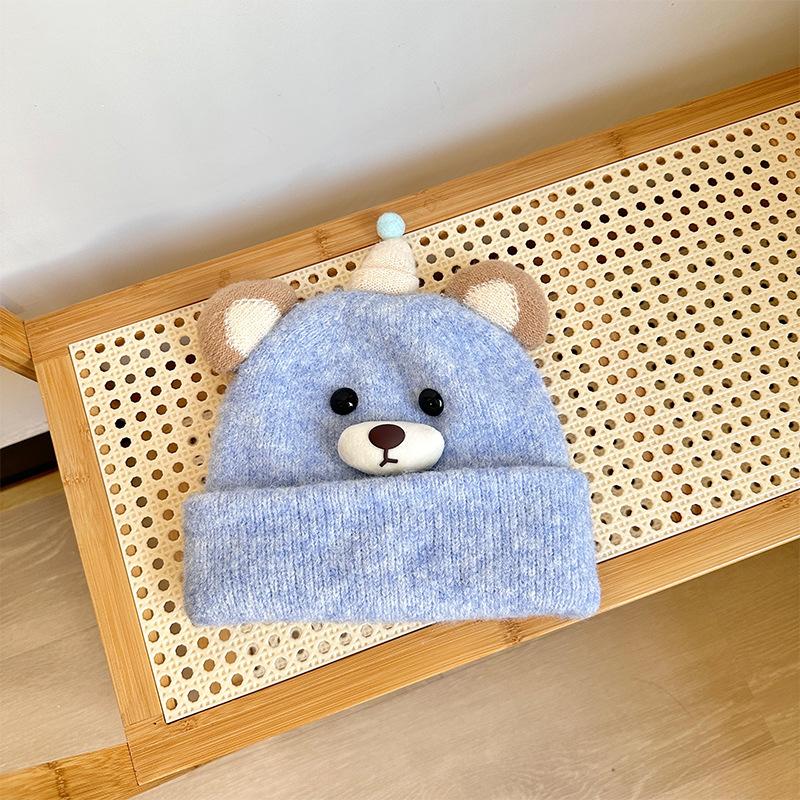 Autumn and Winter Children's Hats Cute Bear Wool Knitted Hat Double Layer Warm and Cold-proof Ear Protection Hat Pullover Woolen Hat