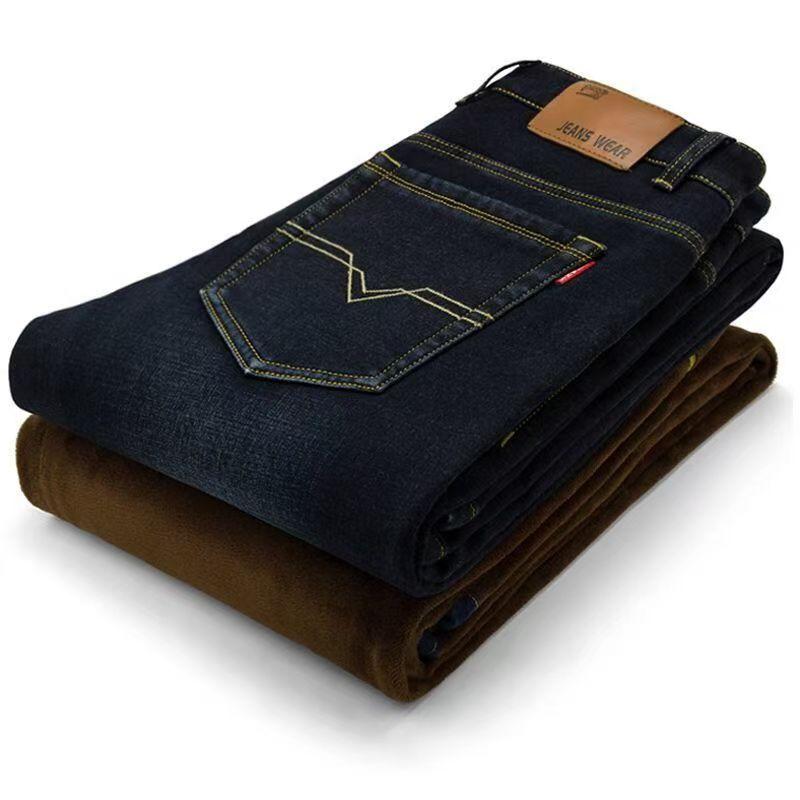 

Плюшеві та потовщені надвеликі еластичні чоловічі джинси Вільні повсякденні теплі штани з високою талією, плюс розмір 50 чорний