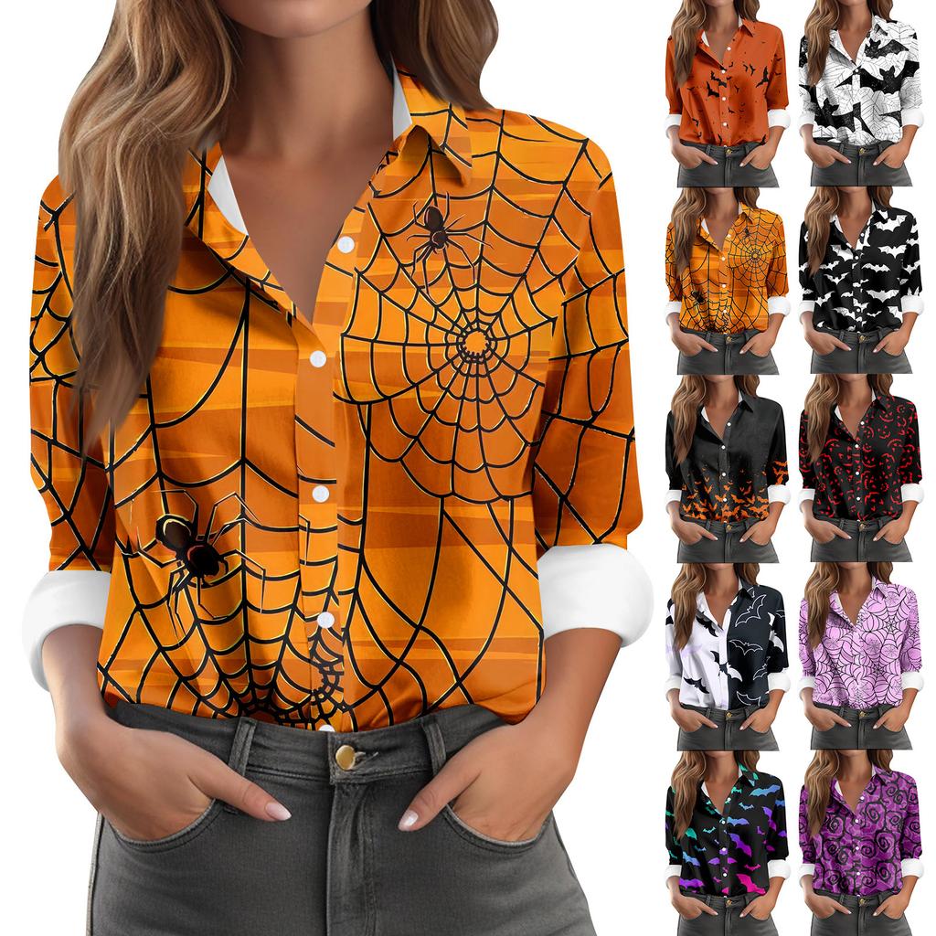 Women's Long Sleeve Button Halloween Printed Casual Shirt Top