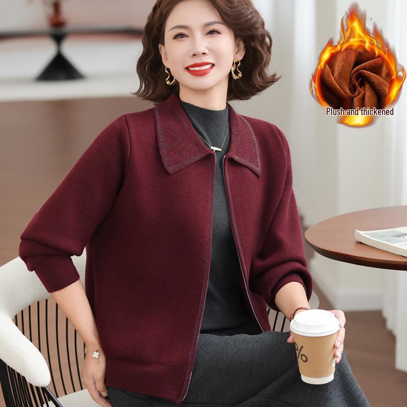 

Plus Velvet Lapel Knit Top for Middle-Aged & Elderly Women - Autumn/Winter Warm Casual Jacket XL (115-125 Jin)