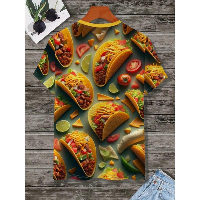 Large Men's French Fries Hamburger Pattern 3D Printed Men's Round Neck Short Sleeved T-shirt Summer Fashion T-shirt Casual Comfortable Versatile Top