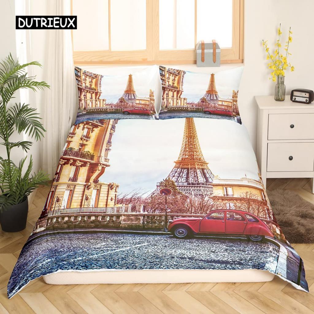 Valentine Day King Queen Duvet Cover Paris Eiffel Tower Bedding Set Pink Watercolor Tulips Flowers Balloon Polyester Quilt Cover