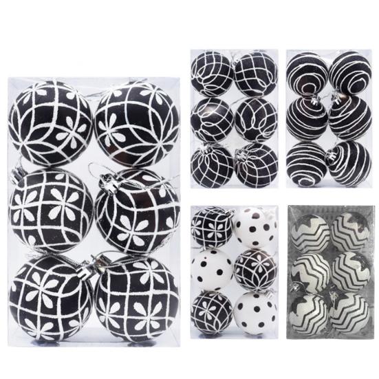 6Pcs Christmas Balls White Black Strip Hand-painted 6cm/8cm with Hanging Rope Home Decoration Festive Ornament Balls