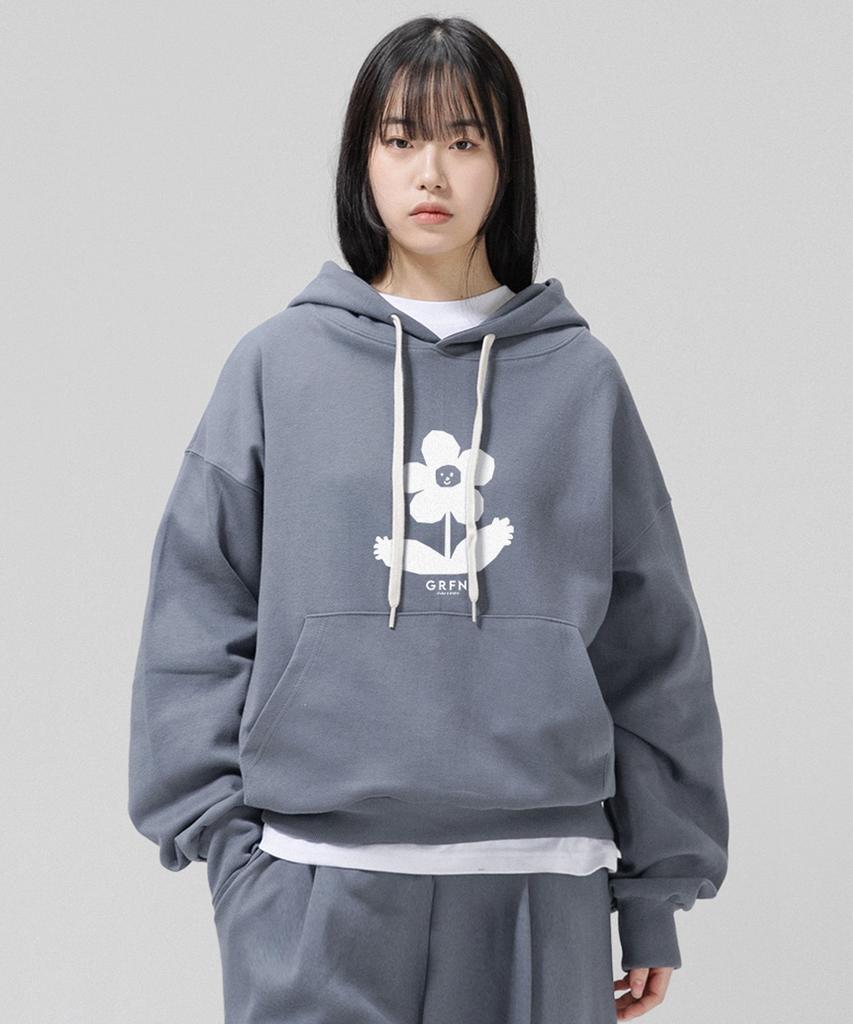 Oversized Double-Sided Brushed Kitsch Flower Balloon Hoodie - Gray