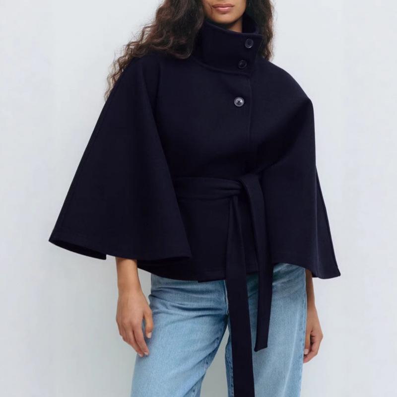 Women's Autumn/Winter Stand-Up Collar Cloak with Button Waist Belt