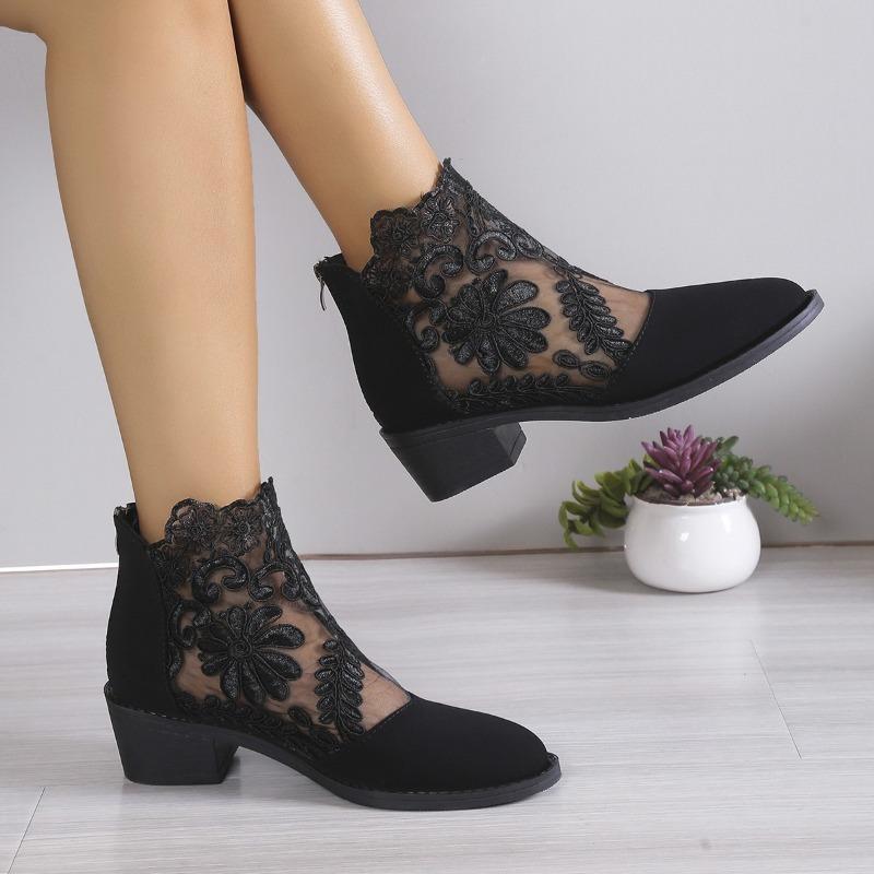 Women Back Zip Ankle Boots Pointed Toe Square Heel Flower Lace Fashion Office Dress Shoes
