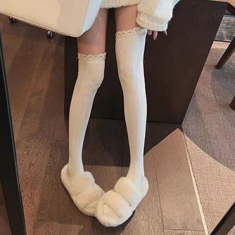 Herfst/Winter Preppy Stijl Sokken tot Over de Knie met Kantrand Effen Kleur Verticale Strepen Compressiekousen