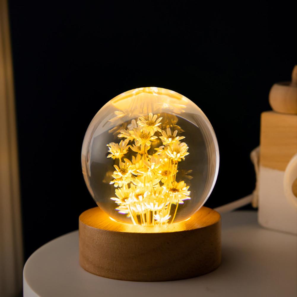 Cute Night Light with Woodern Base Forever Flowers Crystal Ball Light Office Home Decor Gifts for Men Women Kids Boys Girls