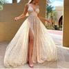 Verano Nuevo Europeo Y Americano Tirantes Cintura Abertura Brillante Barrido del Suelo Vestido Largo Vestido Ropa de Mujer