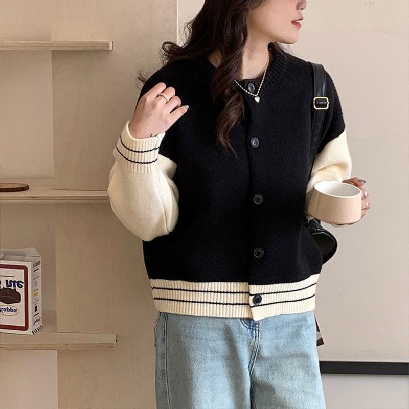 Korean Gentle Wind Crew Neck Sweater Cardigan Women's Autumn Small Sweet Pink Baseball Jersey Contrasting Knitted Jacket