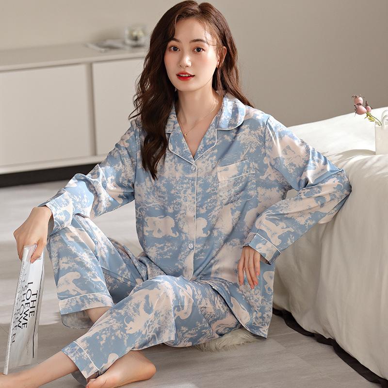 1011 Spring and Autumn New Ink Painting Fashion Loose Pajamas Cardigan Women's Simulation Silk High-end Homewear