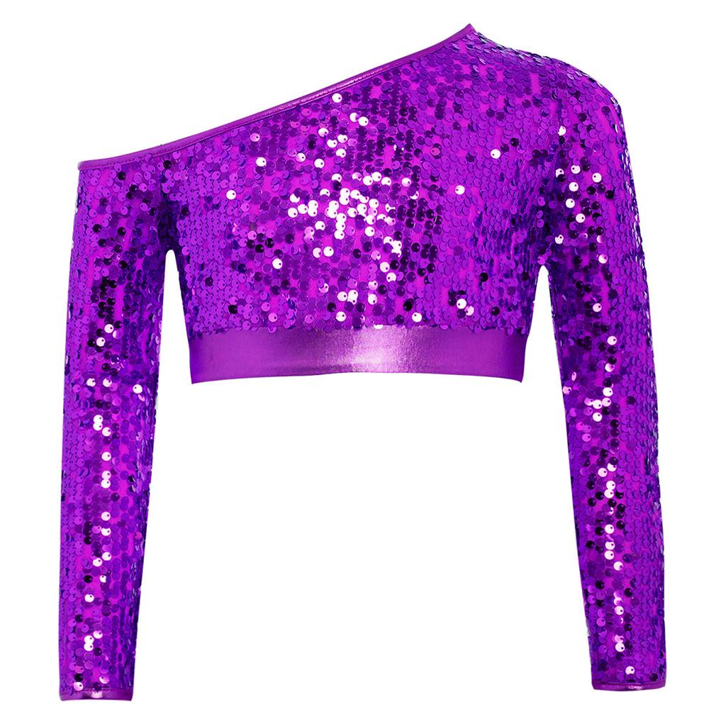 Girls Jazz Dance One Shoulder Long Sleeve Sequins Top Performance Competition Costume