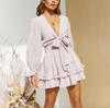 Spring & Autumn V-Neck Long Bubble Sleeve Lace-up Ruffle Dress