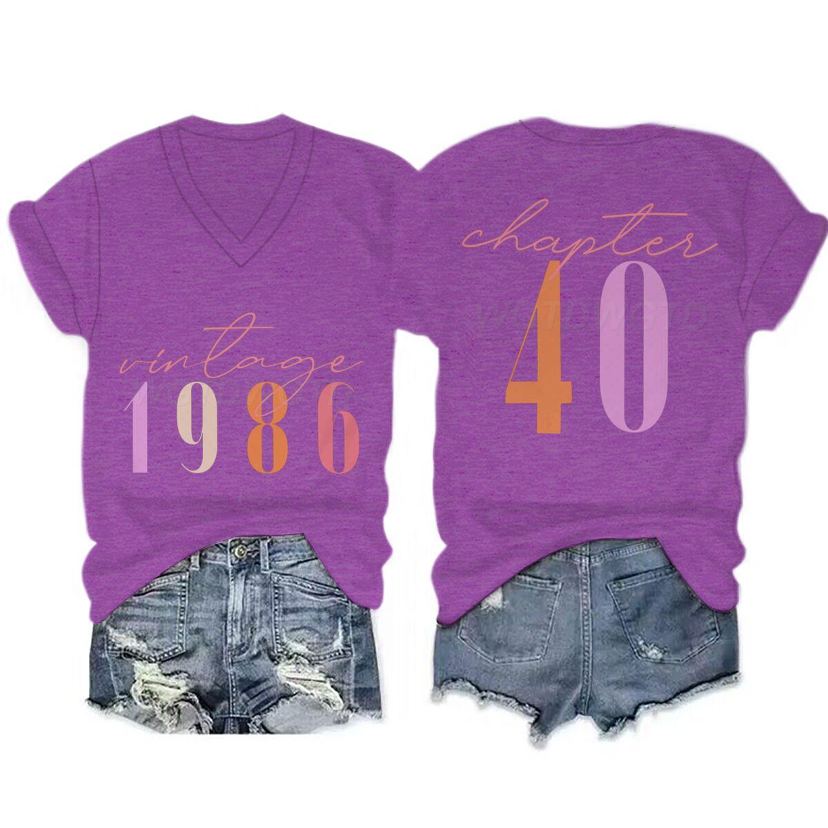 Women s 40th Birthday Short Sleeve Graphic Tee Vintage 1986 Chapter 40 Double-Sided Print V Neck T-Shirt Chapter 40 Classic Tops S фиолетовый