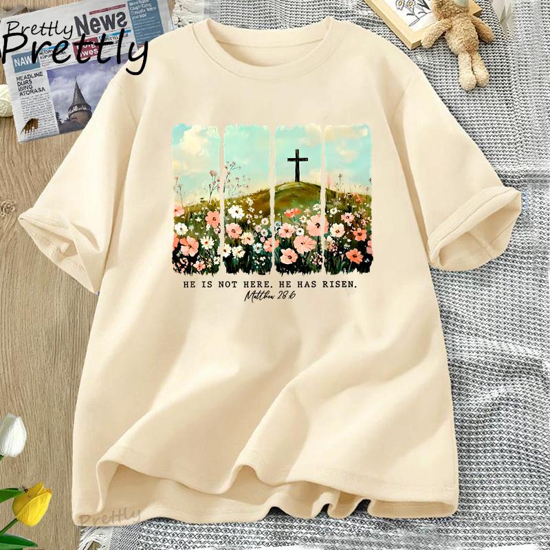 Er ist auferstanden Wildblumen-Print T-Shirt Frühling Ostern Designs T-Shirt Damen Trendy Ostern Christlich Jesus T-Shirt Damenbekleidung