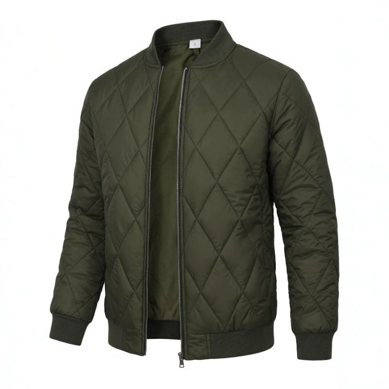 Men Solid Color Stand Collar Thickened Warm Quilted Bomber Jacket Casual Outerwear