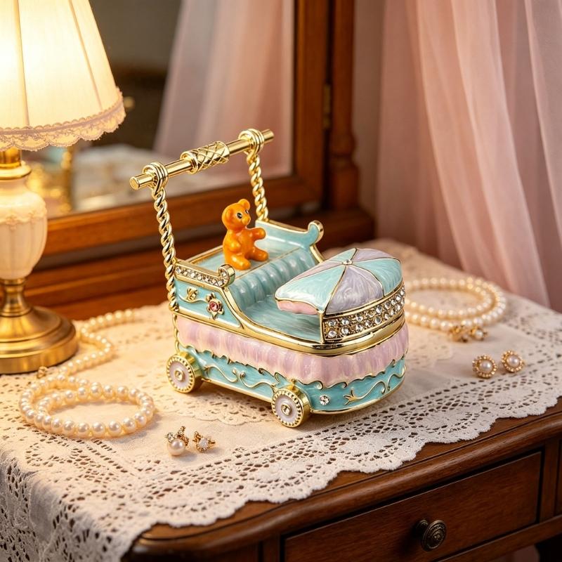 Enamel Jewelry Box Stroller Shape with Bear Ornament, Soft Blue Pink Accessory Box for Rings, Earrings, Bedside Table and Shelf Display