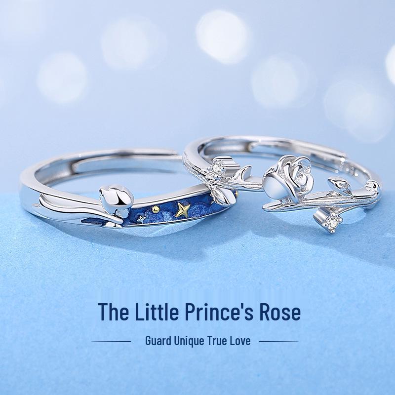 Sterling Silver Little Prince & Rose Open Couple Rings - Elegant Valentine's Day Gift