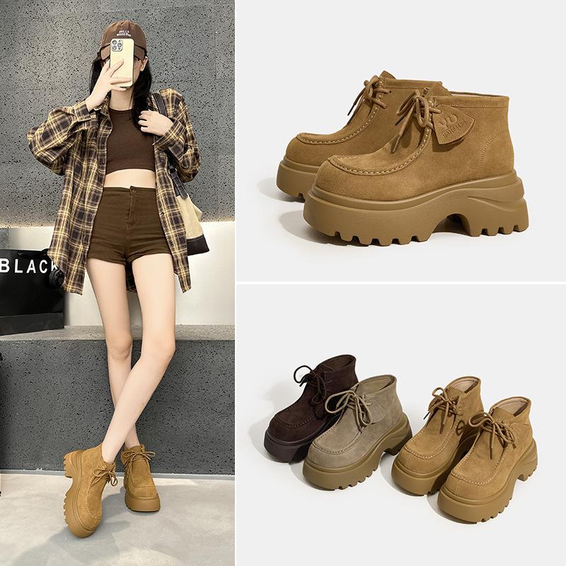Muffin thick-soled Martin boots women's 2025 autumn new leather inner heightening women's boots retro suede casual short boots