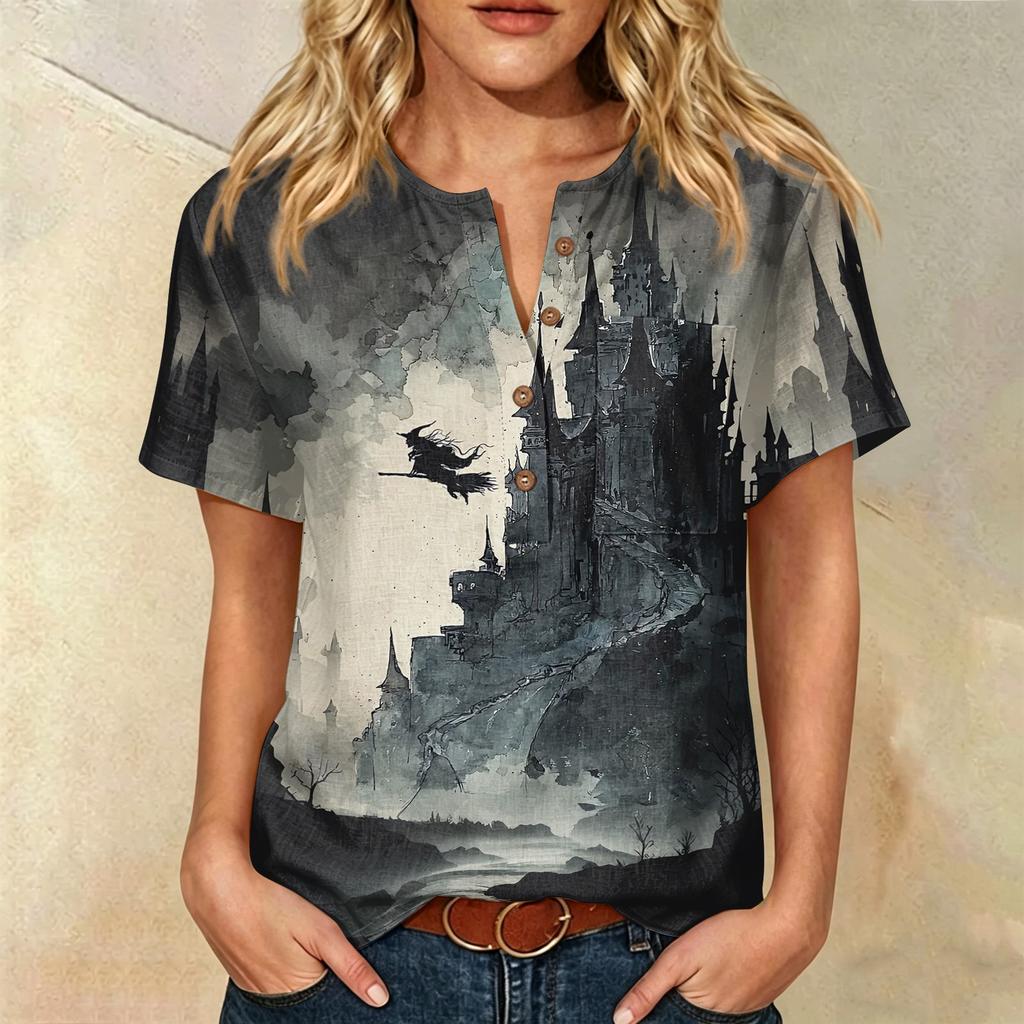 Women Casual Short Sleeve Henley Shirt with Chest Pocket Halloween Themed Graphic Print Cotton Linen Blended Fabric Relaxed Fit