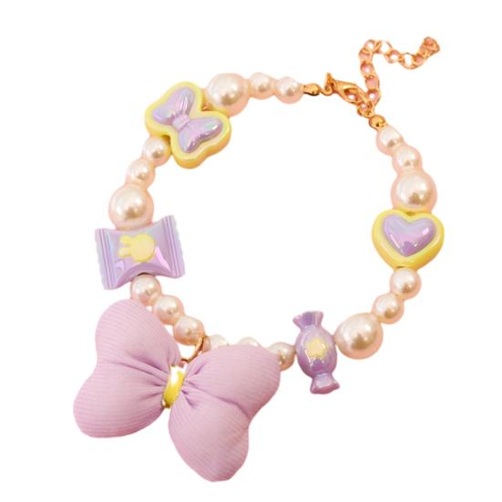 Faux Pearl Pet Collar Adjustable Cat Necklace with Candy Bow Decor for Puppy Kitten Wedding Party Accessories