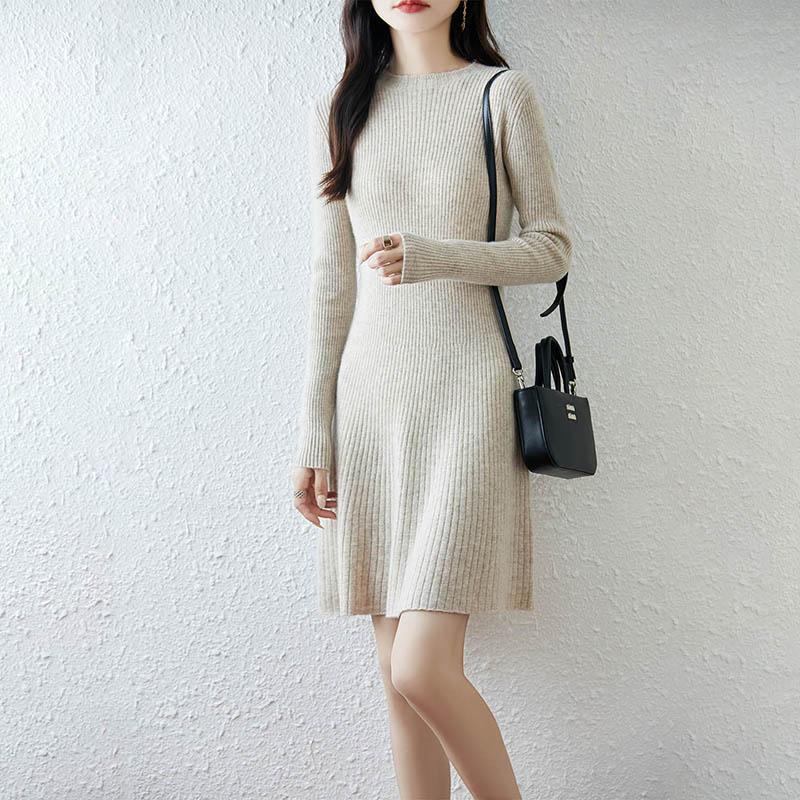 Women Sweater Dress 100% Wool TIDENOVEL O-neck Knit Long Pullover Winter Jumpers Wool Long Dress Female