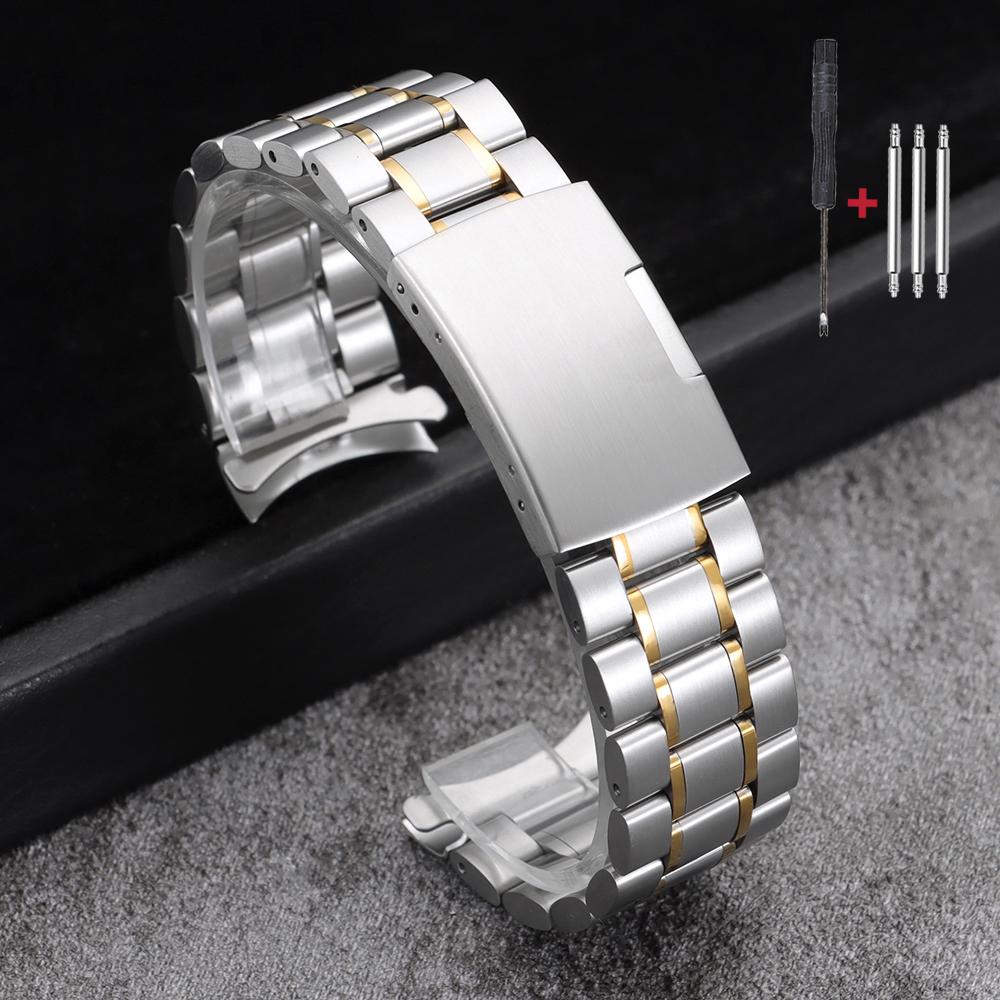 16mm 18mm 20mm 22mm 24mm Straight Curved End Stainless Steel Watch Band Silver Gold Black Metal Folding Clasp Bracelet with Tool