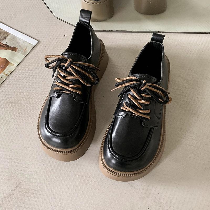 

Повседневные одинарные туфли женские 2025 весна и осень новые круглый носок мелкий вырез шнуровка спереди милые крутые модные женские туфли лоферы маленькая кожа 40 чёрный