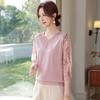 Mom's Spring V-neck Knit Top with Gauze Sleeves, Stylish Thin Layer for Middle-aged and Elderly Women.