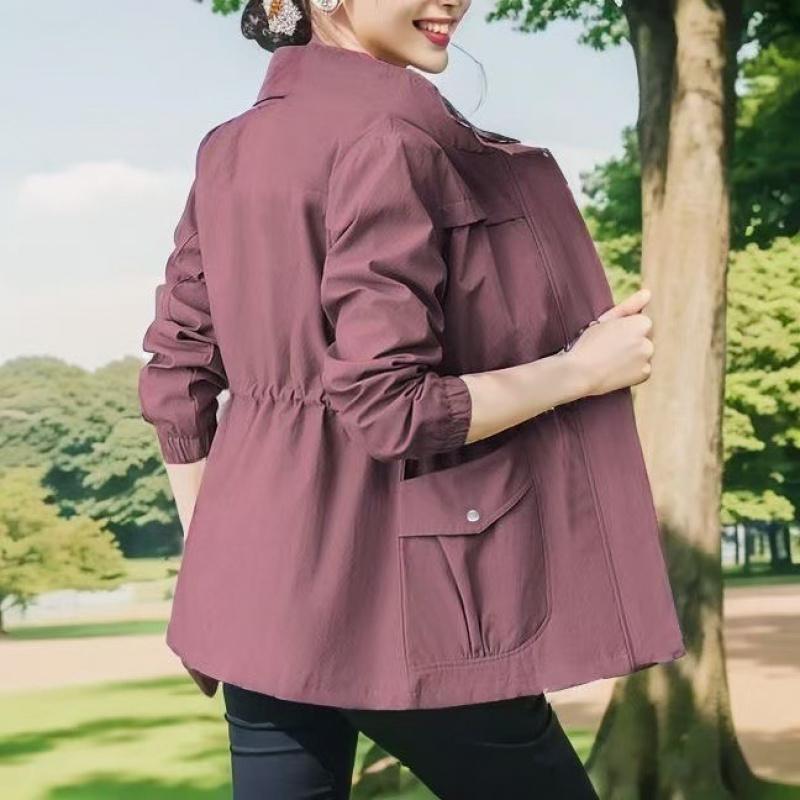 2026 New Korean Style Slim-Fit Windbreaker for Women, Spring and Autumn Stand-Up Collar Solid Color Coat