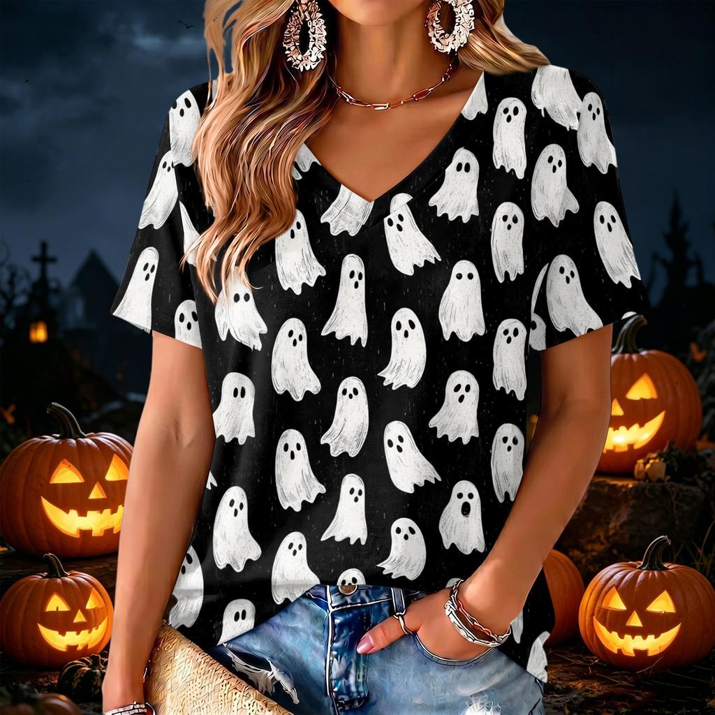 Women's V-Neck Halloween Print Lightweight Blouse for Spring and Summer Casual Wear