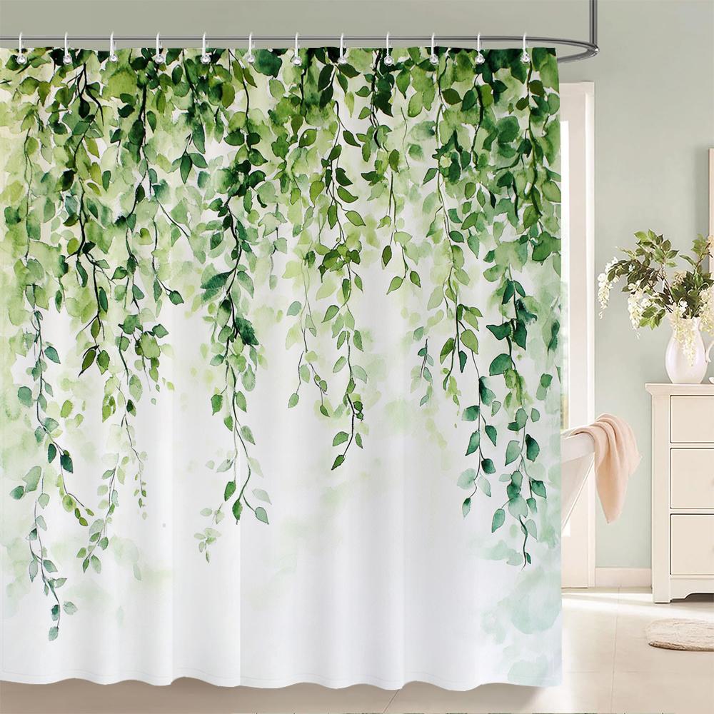 Fresh Green Leaves and Plants Pattern Shower Curtain Printed Leaves Bathroom Bath Curtain Home Decoration Curtain With Hooks