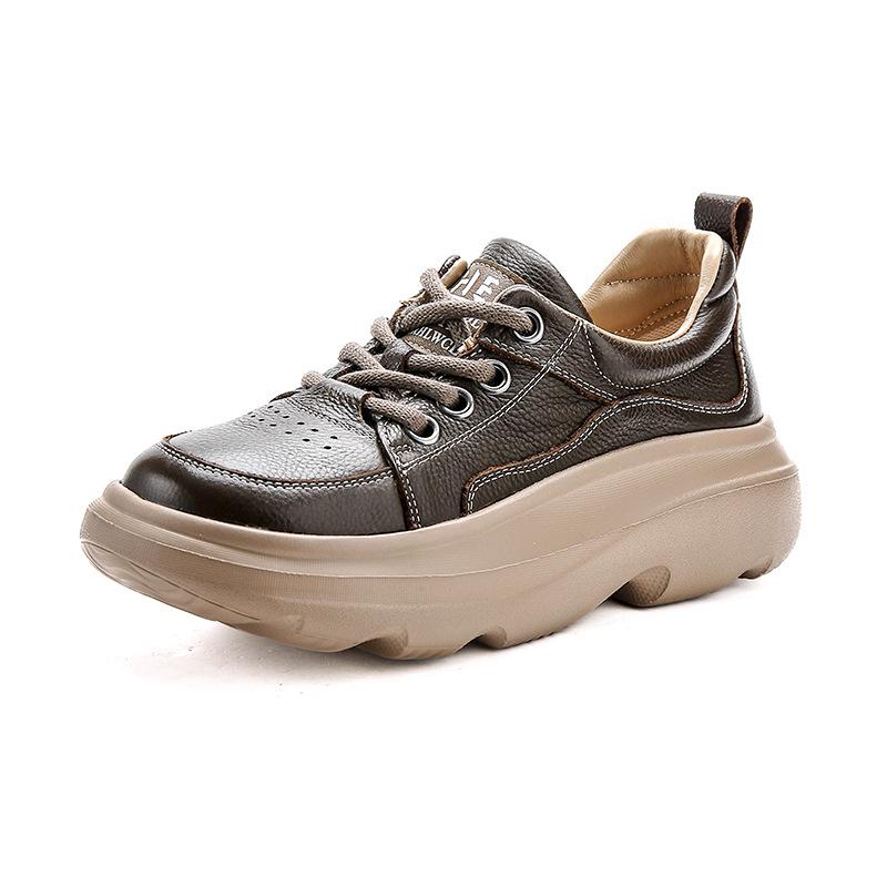 Women's Genuine Leather Retro Lace-Up Sneakers with Thick Soles - Spring Casual Cowhide Loafers