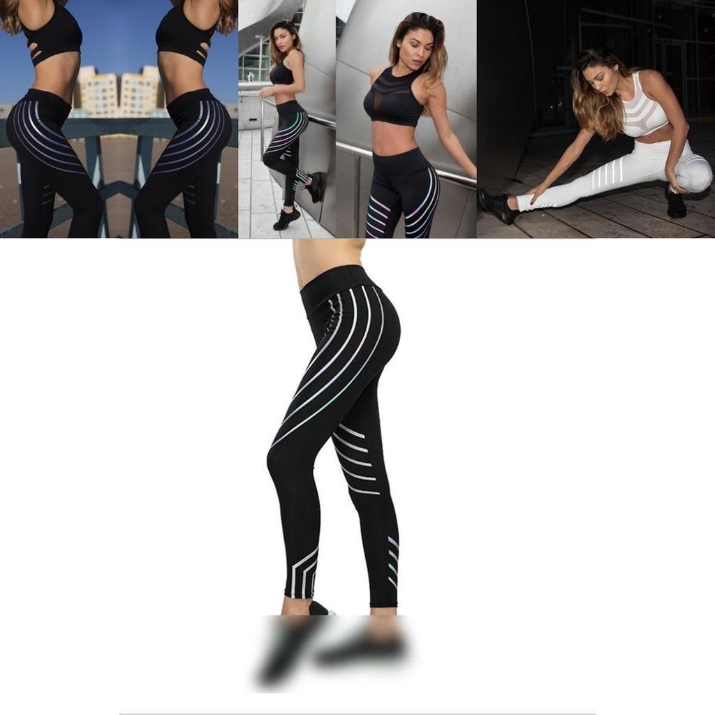 Leggings Taille Haute Femme Bande Réfléchissante Pantalon d'Entraînement Pantalon de Yoga Sport Fitness Sexy