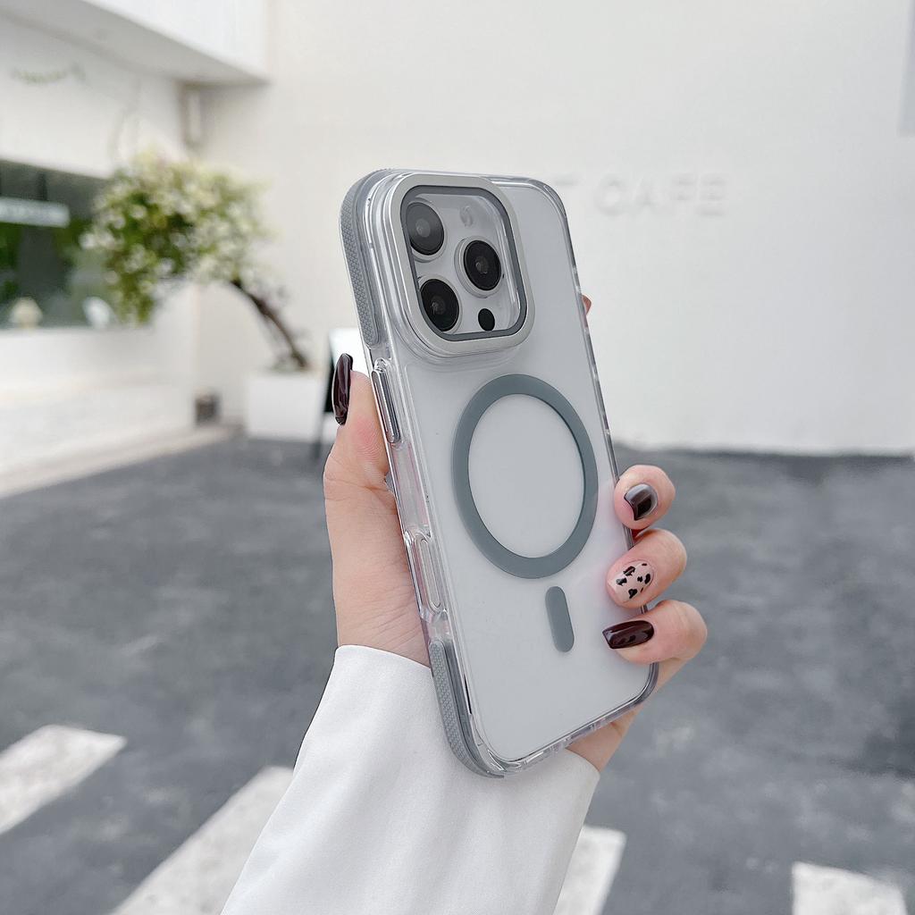 For iPhone 16 Pro Magnetic Case TPU Acrylic Clear Phone Back Cover with Lens Protector Kickstand