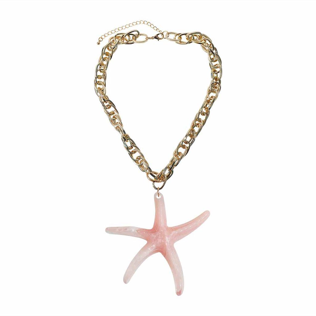 N11181 Fashion Color Resin Starfish Pendant Necklace Seaside Holiday Ocean Series Aluminum Chain Necklace