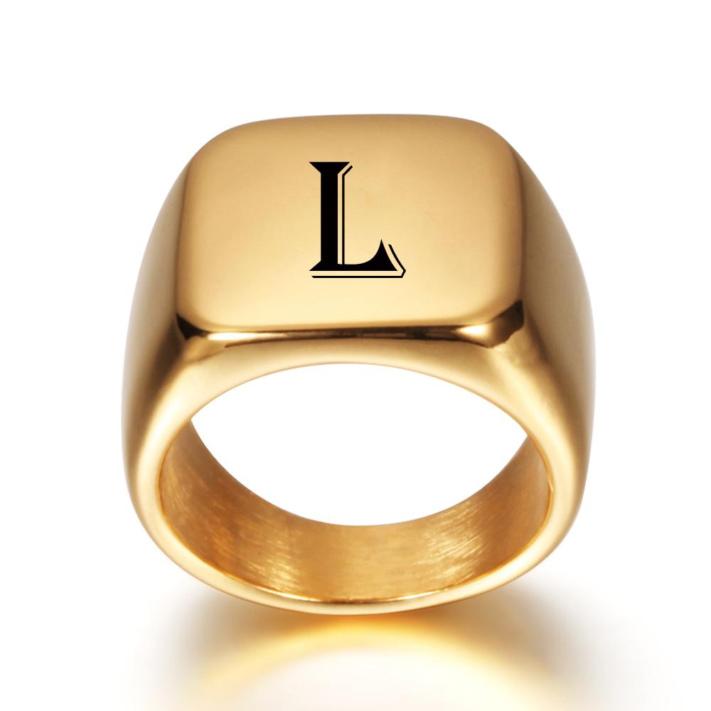 Personalised Initial Engrave A To Z Alphabet Stainless Steel Signet Blank Plain Ring Band High Polished Gold Color Tone U.S.Size